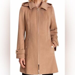 MICHAEL Michael Kors Camel Hooded Zip-Front Wool-Blend Trench Coat Petite Small